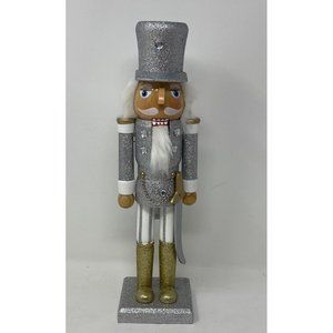Silver And Gold Glitter 14” Wooden Christmas Nutcracker Soldier Rhinestone Trim